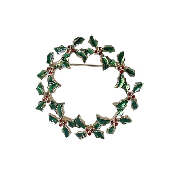 90s Gold Plate Green & Red Enamel Holly Leaf Berries Christmas Wreath Pin Brooch - Picture 3 of 3